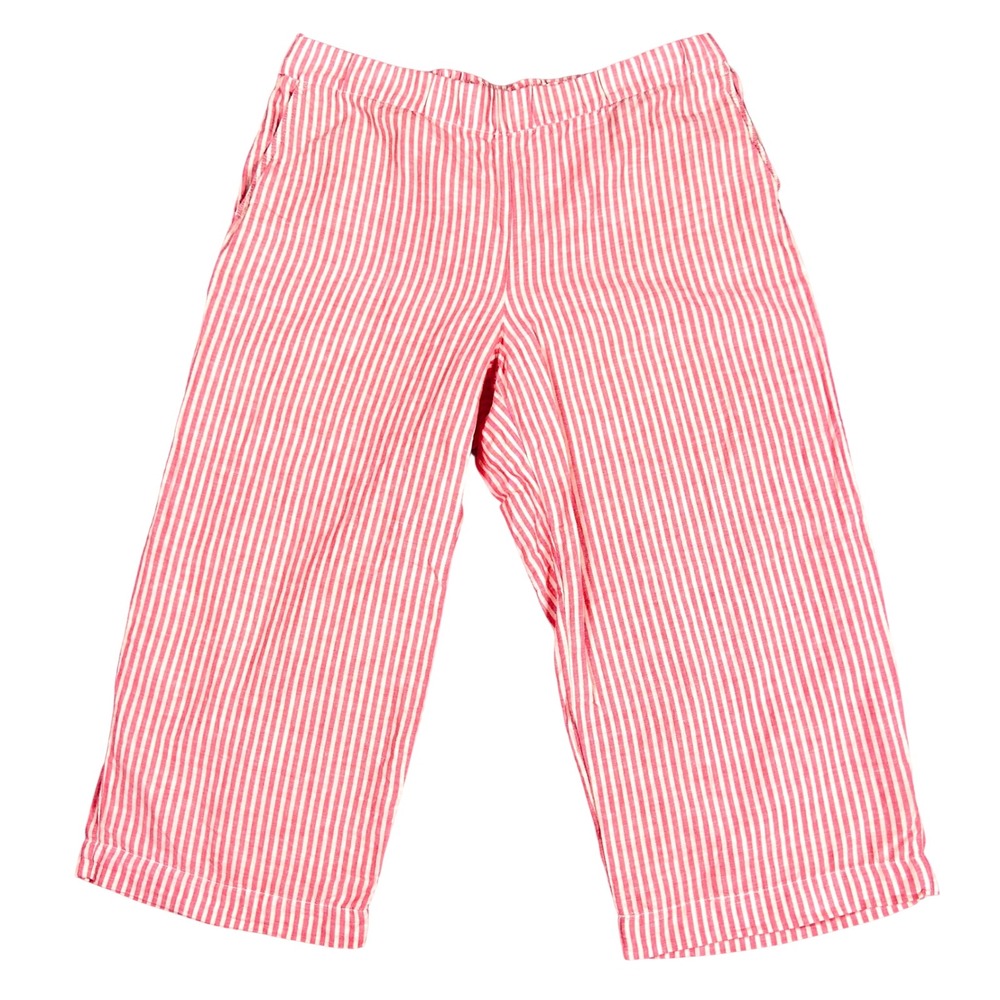 Talbots Striped Crop Pants Womens 1X Linen Cotton Pull On Elastic Pink White